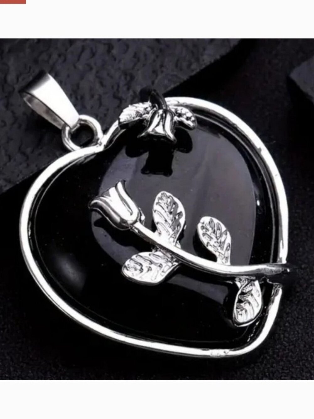 Black Obsidian Natural Gemstone Flower Heart Pendant Necklace - Picture 2 of 2